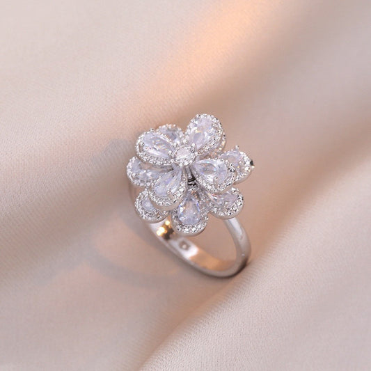 Micro-pave Flower Swivel Zircon Heart Ring