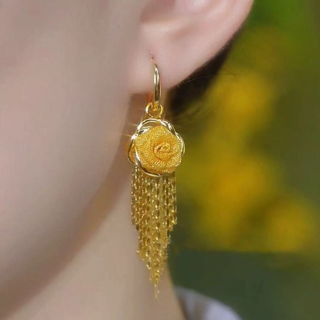 Golden Rose Waterfall Tassel Earrings
